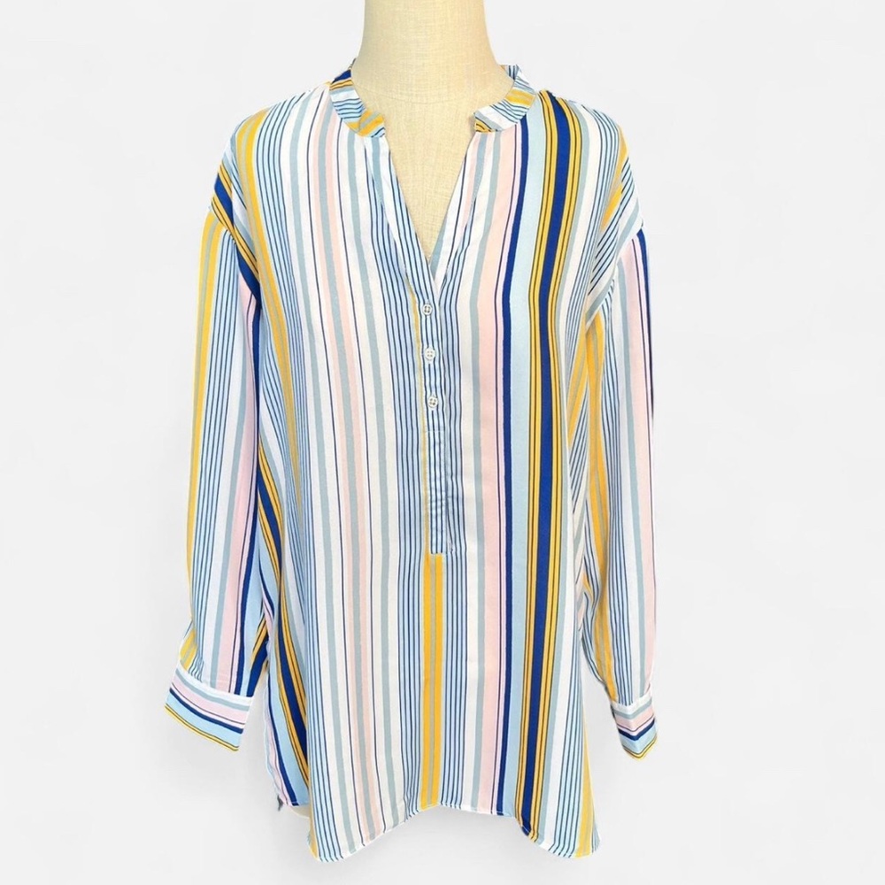 Zac & Rachel Striped Multicolor Long Sleeve Blouse Vneck Career Work Lightweight